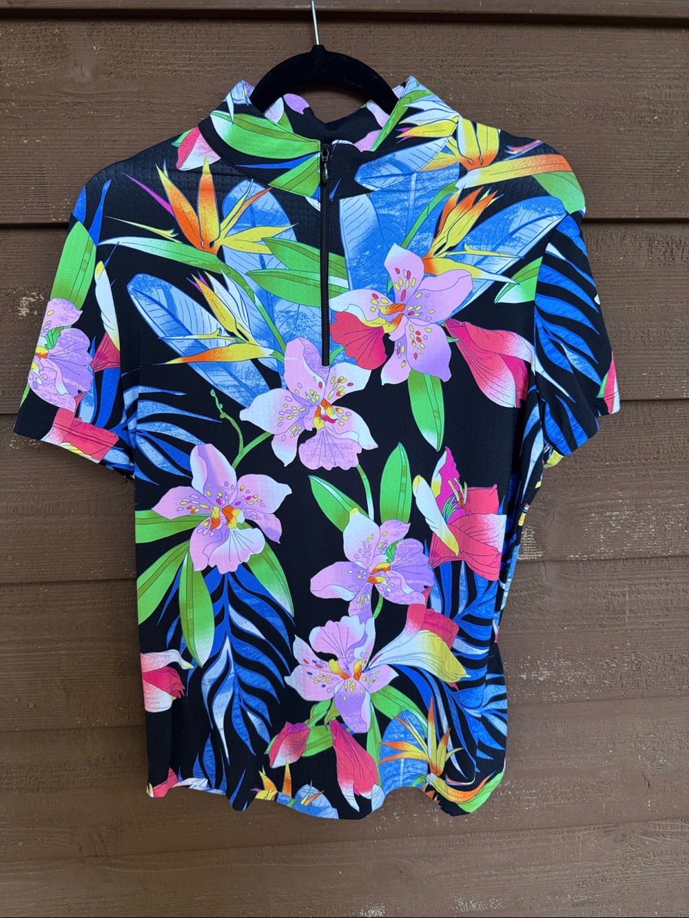IBKUL Black Floral Zip-Front Women's Jersey with Pink & Blue Accents size Large